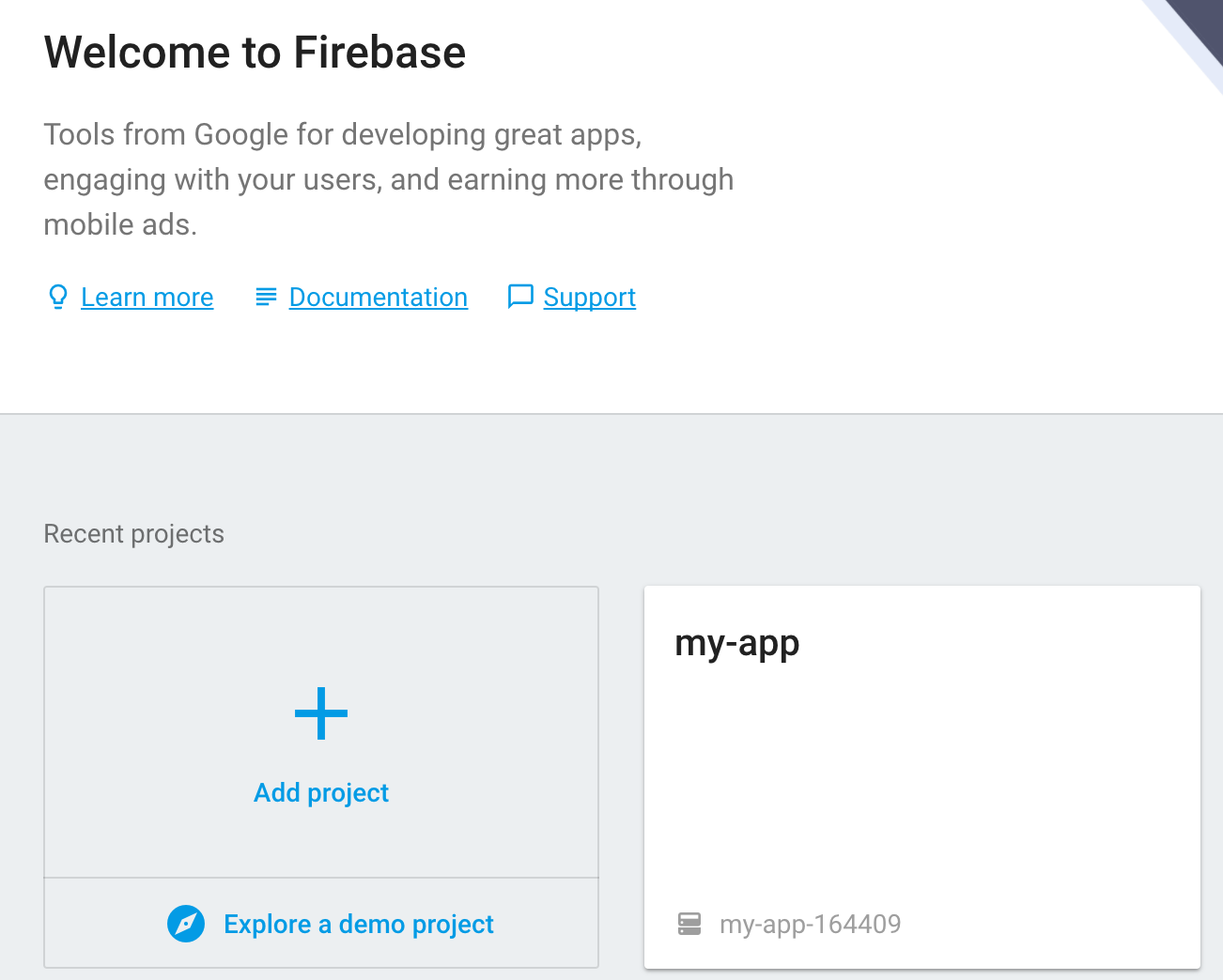 Welcome to Firebase showing Project ID